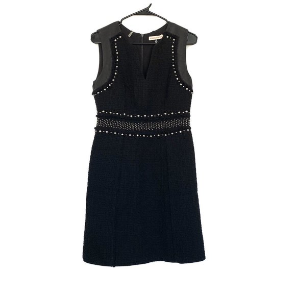 Rebecca Taylor Dress Black Tweed Studded Sleeveless Lamb Leather Fray - Picture 4 of 12